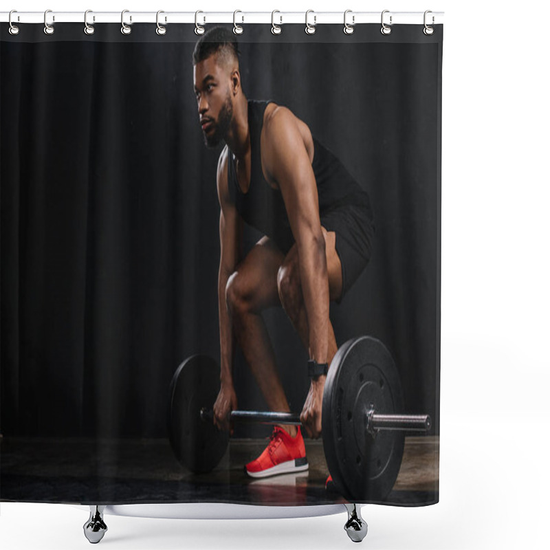 Personality  Muscular Young African American Sportsman Lifting Barbell And Looking Away On Black Shower Curtains