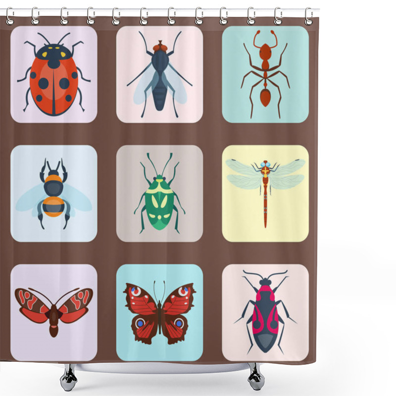 Personality  Colorful Insects Icons Isolated Wildlife Wing Detail Summer Bugs Wild Vector Illustration Shower Curtains