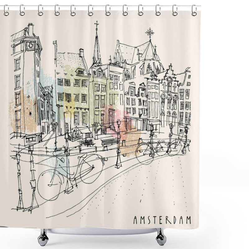 Personality  Bridge In Amsterdam, Holland, Netherlands Europe. Dutch Traditional Historical Buildings. Typical Dutch Houses And Bicycles. Hand Drawing. Travel Sketch. Book Illustration, Postcard, Poster In Vector Shower Curtains