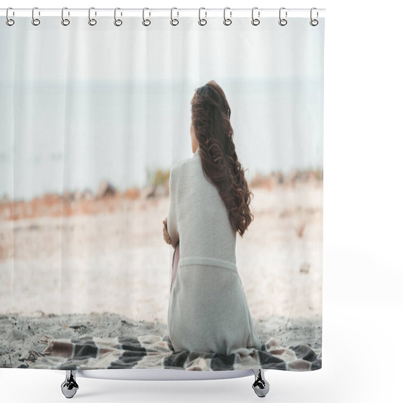 Personality  Rear View Of Woman Resting On Blanket Alone On Sandy Beach Shower Curtains