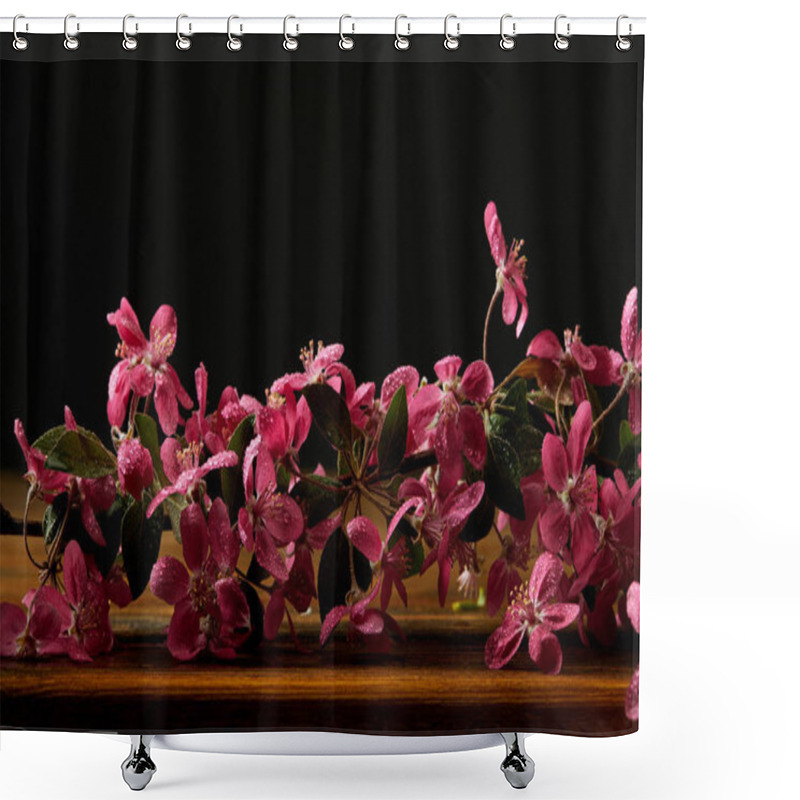 Personality  Close-up Shot Of Beautiful Pink Cherry Blossom Lying On Wooden Tabletop Shower Curtains