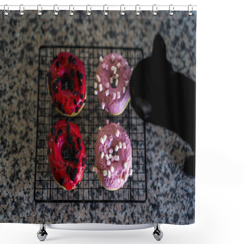 Personality  A High Angle Shot Of A Cat Trying To Eat Homemade Donuts With Marshmallows Shower Curtains