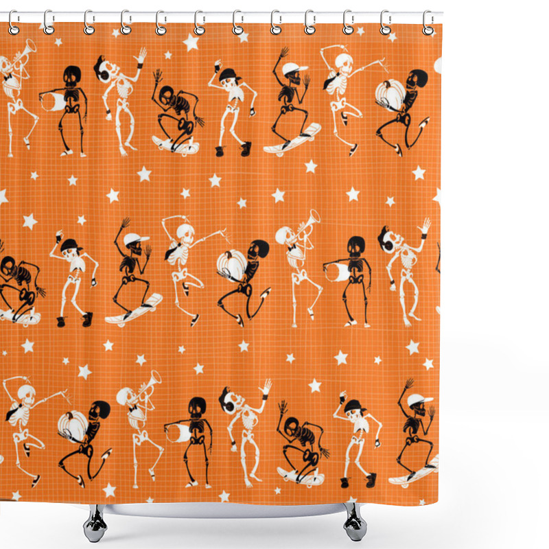 Personality  Vector Orange, Black Dancing And Skateboarding Skeletons Haloween Mesh Fabric Repeat Pattern Background. Great For Spooky Fun Party Themed Fabric, Gifts, Giftwrap. Shower Curtains