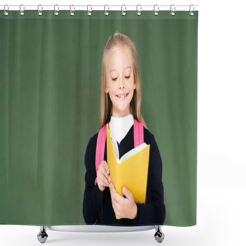 Personality  Smiling Schoolgirl Reading Book While Standing Near Green Chalkboard Shower Curtains