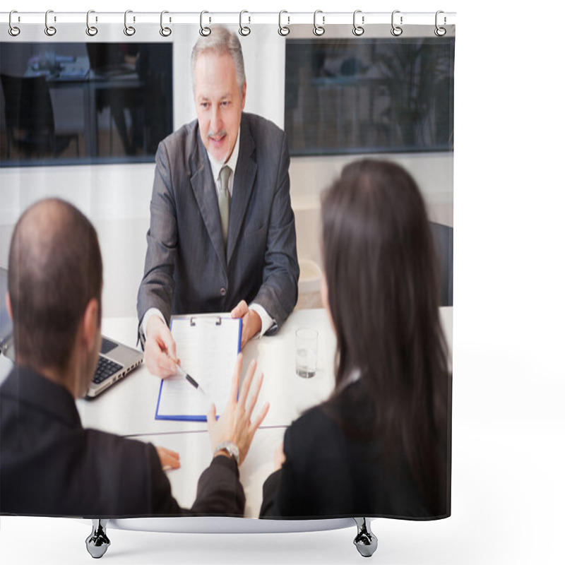 Personality  Businessman Showing A Document Shower Curtains