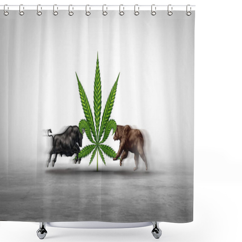 Personality  Marijuana Stocks And Investing In Cannabis Stock As A Business Selling And Buying Pot And Weed Equity On The Stock Market With A Bear And Bull Creating Financial Pressure In A 3D Illustration Style. Shower Curtains