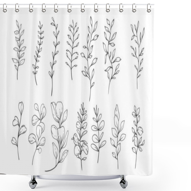 Personality  Floral Frames Line Art, Fine Line Greenery Frames Hand Drawn Illustration. Outline Leaves And Flowers.  Shower Curtains