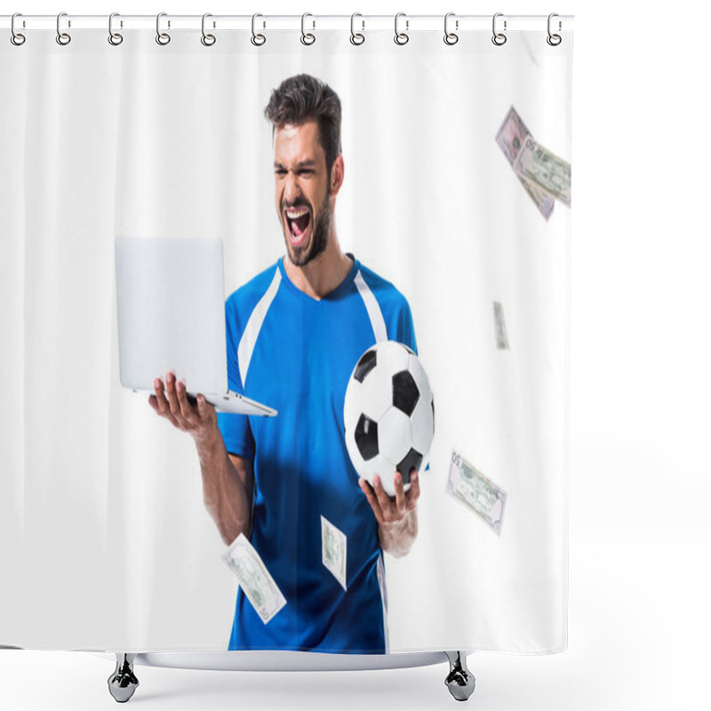 Personality  Cheering Soccer Player With Ball And Laptop Near Falling Money Isolated On White Shower Curtains