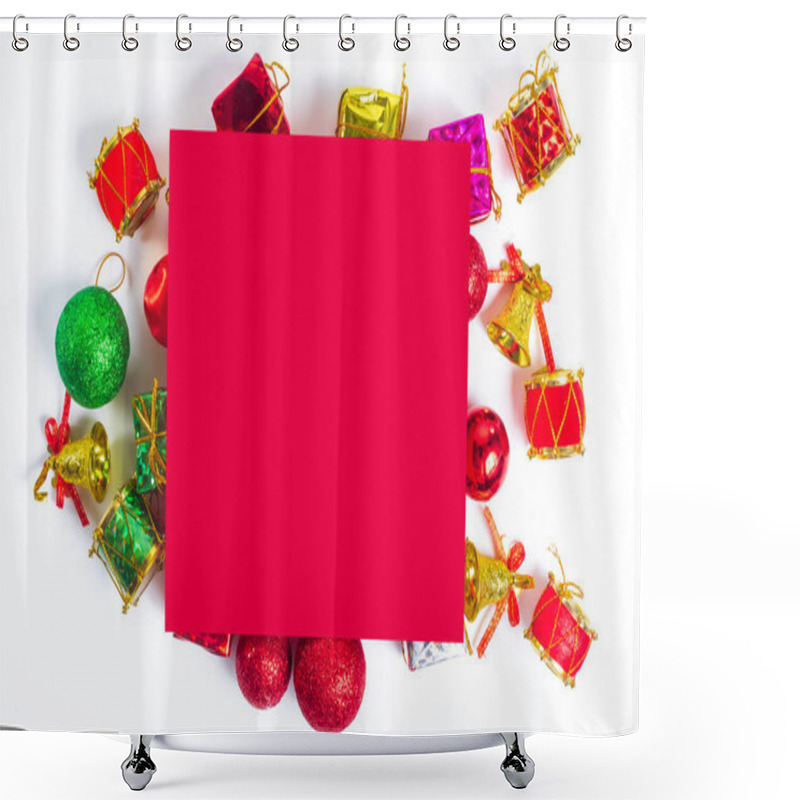 Personality  Christmas Ornaments, Baubles, Drums, Gifts And Bells, Surrounds A Bright Red Blank Paper. Perfect For Holiday Greetings, Seasonal Designs, And Festive Promotions. Shower Curtains