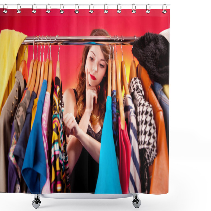 Personality  Nothing To Wear Concept, Young Woman Deciding What To Put On Shower Curtains