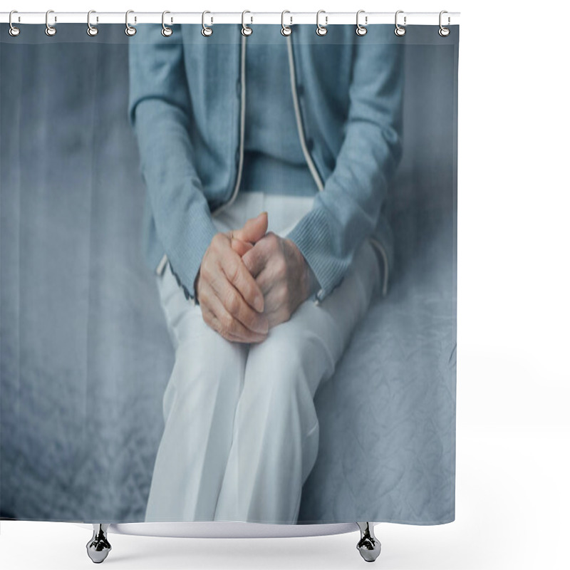 Personality  Cropped View Of Senior Woman Sitting On Bed With Folded Hands At Home Shower Curtains