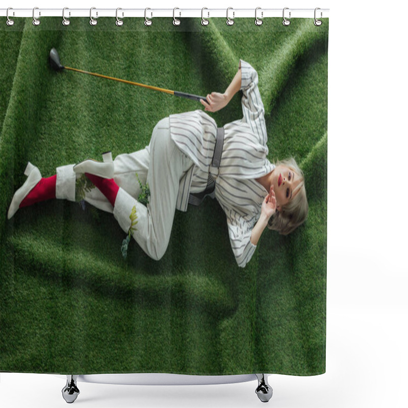 Personality  Beautiful Stylish Girl Lying With Golf Club On Artificial Grass And Looking At Camera Shower Curtains