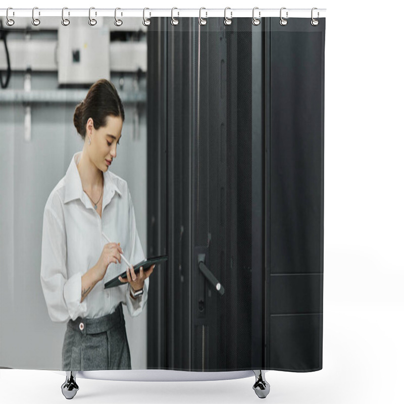 Personality  A Woman In A White Shirt Expertly Interfaces With Technology In A Data Center. Shower Curtains