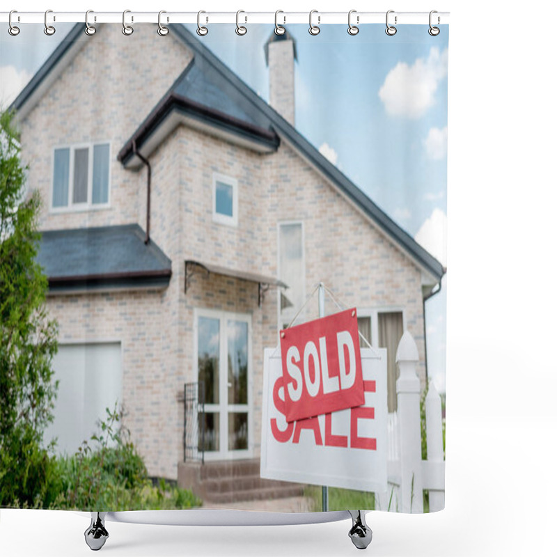 Personality  Close Up View Of Sold Sign On Wooden Placard With Sale Sign In Front Of Modern Cottage Shower Curtains