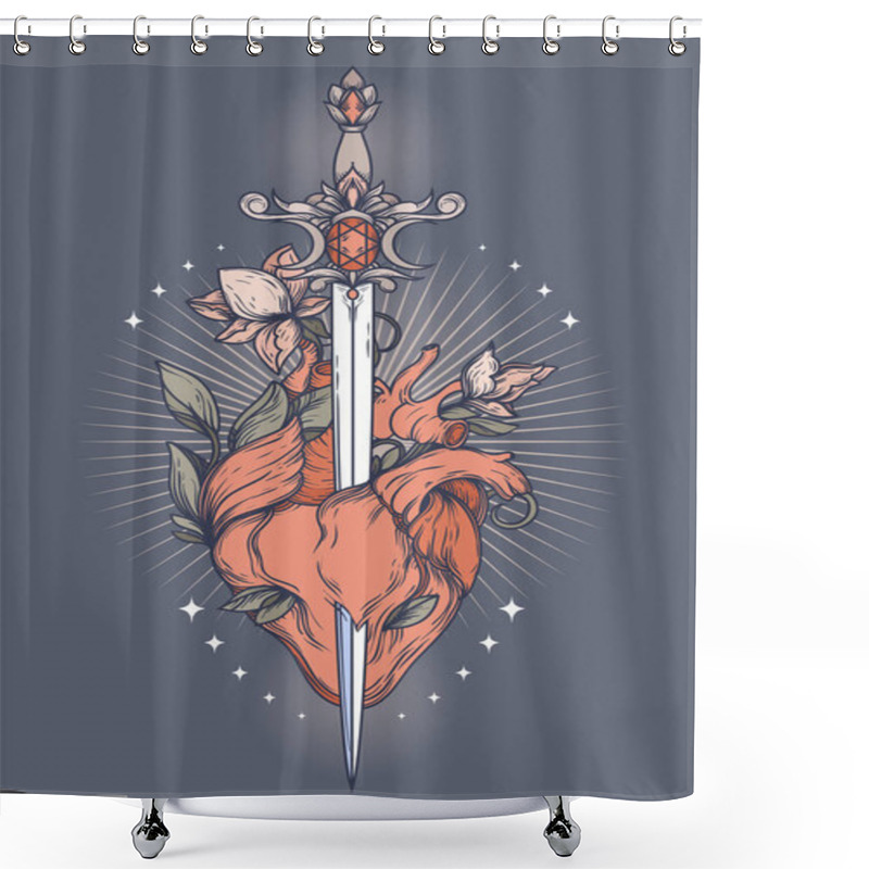 Personality  Poster With Blooming Heart With Sword In It, Sacral Symbol Of Love And Self-knowledge, Can Be Used For Tattoo, Vector Illustration Shower Curtains