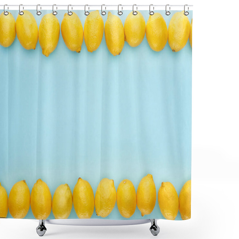 Personality  Flat Lay With Ripe Yellow Lemons In Lines On Blue Background Shower Curtains