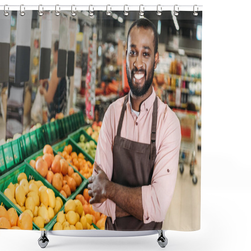 Personality  African American Male Shop Assistant In Apron Standing With Crossed Arms Near Fruit Department In Hypermarket  Shower Curtains