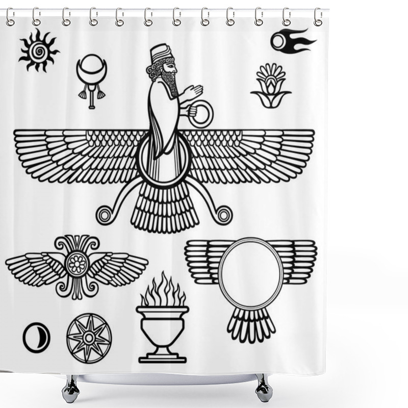 Personality  Image Of The Prophet Farvahar. Set Of Esoteric Symbols. The Black Silhouette Isolated On A White Background. Vector Illustration. Shower Curtains