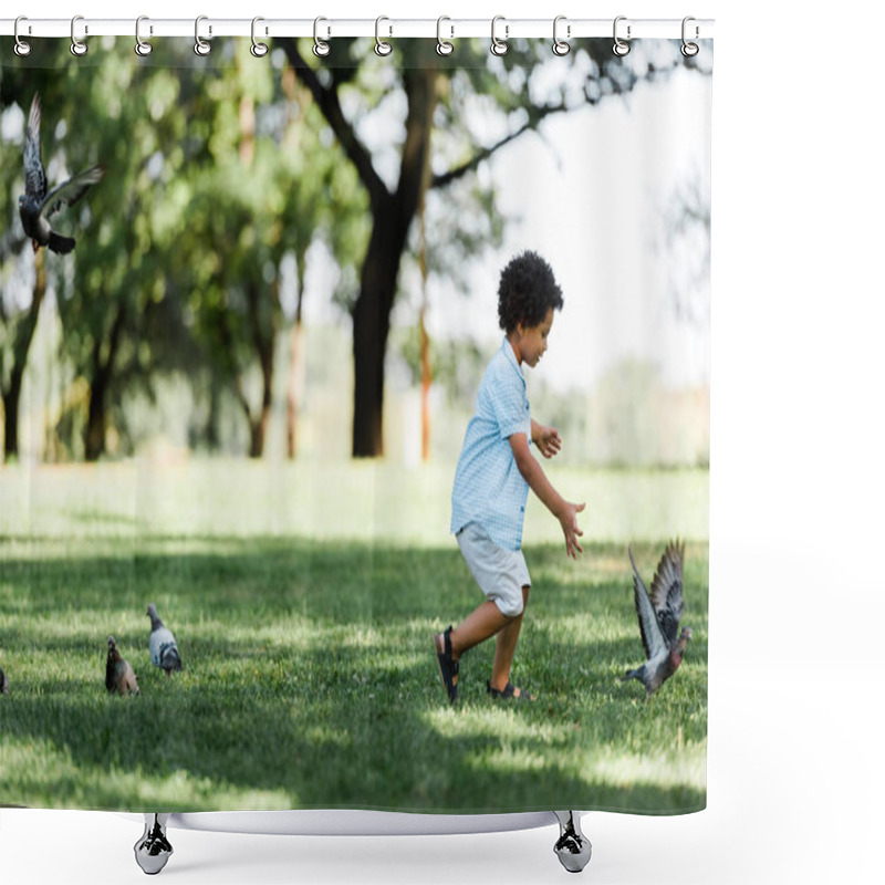 Personality  Adorable African American Kid Gesturing While Looking At Pigeons  Shower Curtains