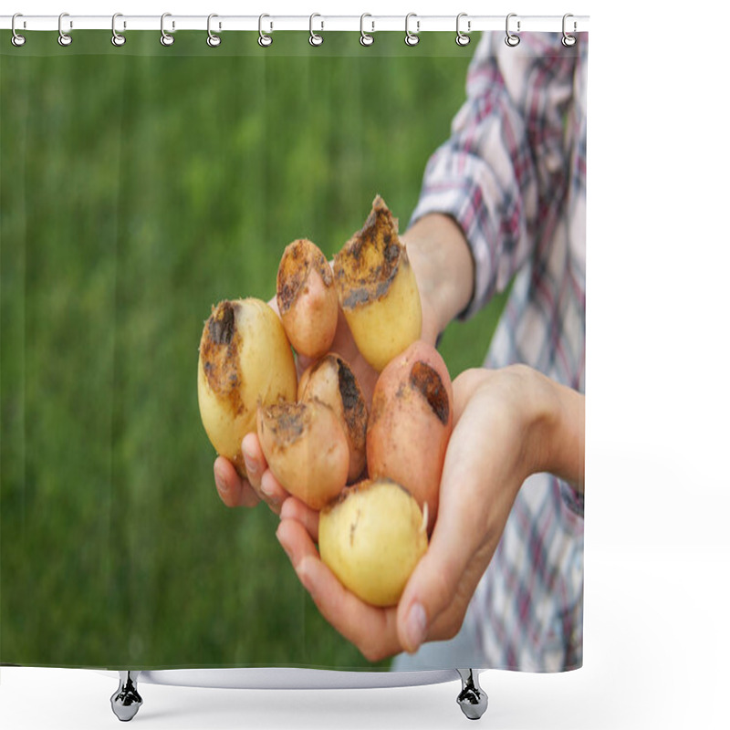 Personality  Farmer Hold In Hands Potatoes Eaten By Mole Cricket Shower Curtains