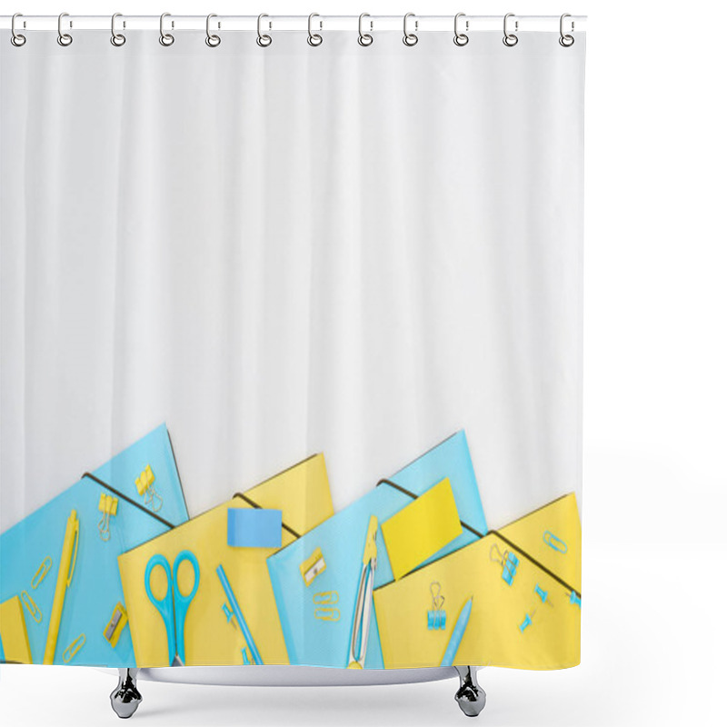 Personality  Top View Of Blue And Yellow Stationery Isolated On White Shower Curtains