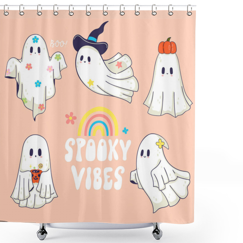 Personality  Set Of Magical Cute Happy Ghosts. Vector Image Shower Curtains