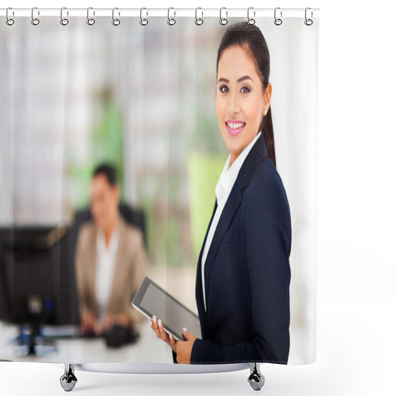 Personality  Modern Businesswoman Holding Tablet Computer Shower Curtains