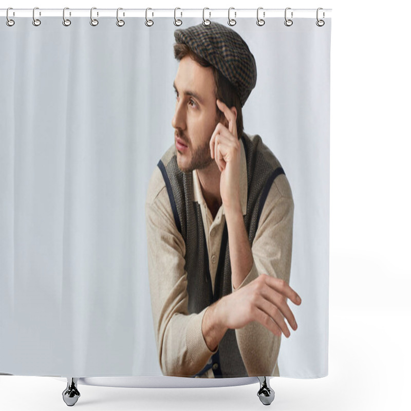 Personality  A Handsome Young Man Dressed In Smart Casual Attire Gazes Thoughtfully, Lost In Contemplation. Shower Curtains