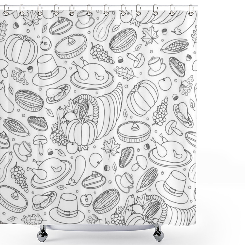 Personality  Black And White Seamless Pattern With Hand Drawn Items For Thanksgiving Day Celebration. Shower Curtains