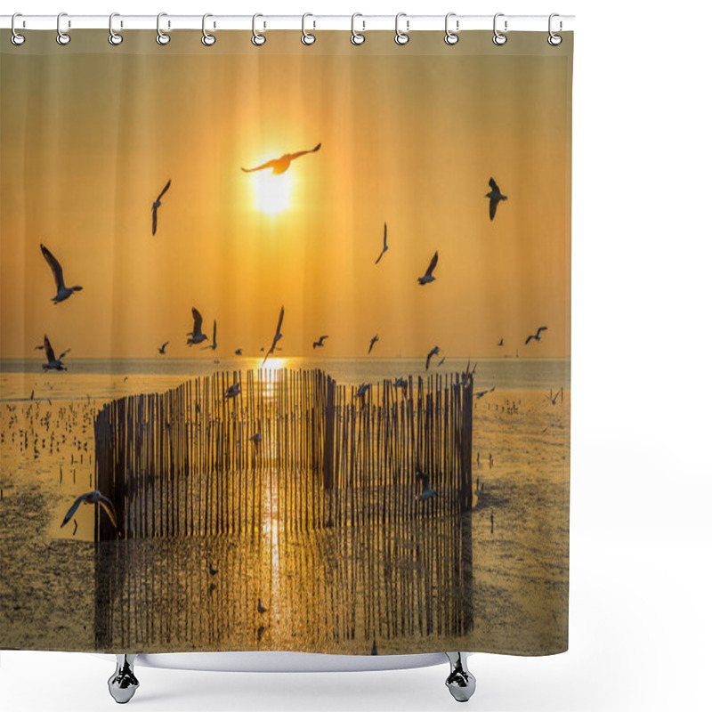 Personality  Sunset With Silhoutte Of Birds Flying. Shower Curtains