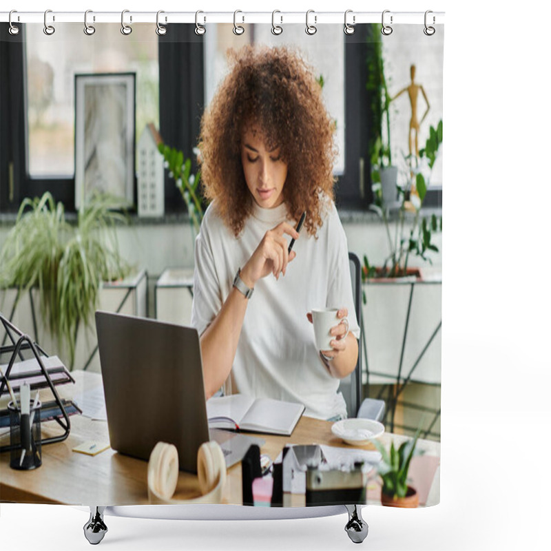 Personality  A Woman Contemplates Her Notes With A Cup Of Coffee In A Vibrant Workspace Filled With Plants. Shower Curtains