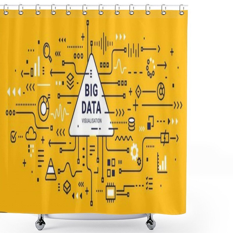 Personality  Vector Abstract Technology Illustration Of Data Array Visual On Yellow Background. Line Art Style Design Of Graphic Element For Web, Site, Banner. Big Data Visualization Connection Complex With Icon Shower Curtains