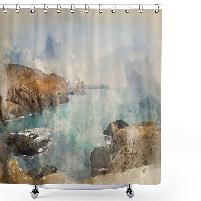 Personality  Digital Watercolour Painting Of Kynance Cove High Tide Sunset Shower Curtains