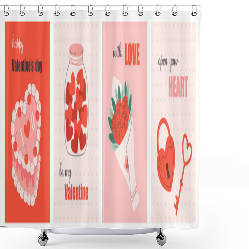 Personality  Happy Valentines Day Greeting Cards Set With Festive Stickers. Illustration For Card, Web Banner, Package, Poster, Cover, Website. Vector Illustration In Flat Style Shower Curtains