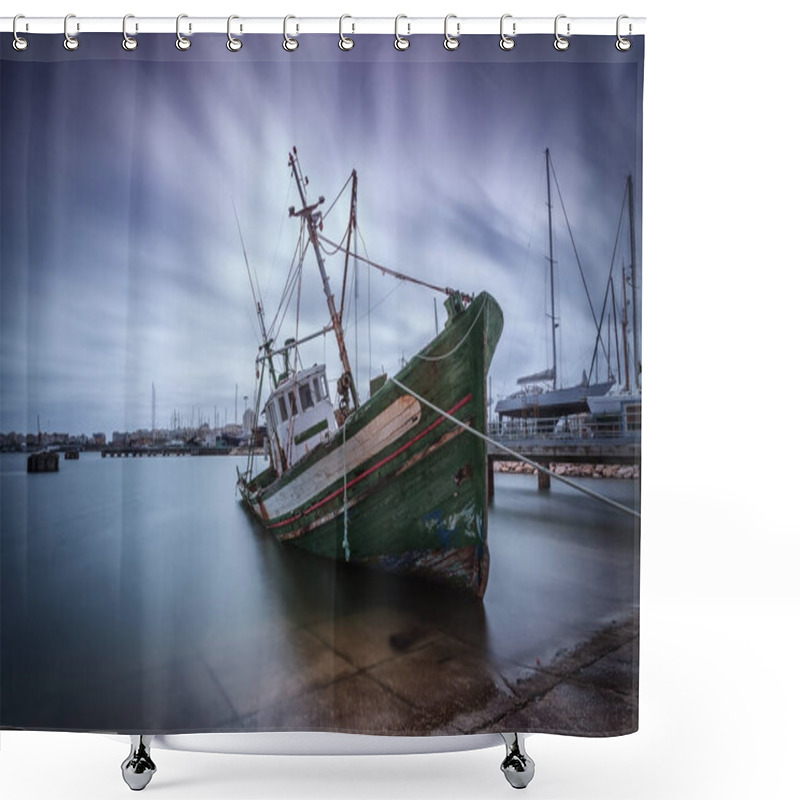 Personality  Old Fishing Boat Aground. In Port. Before The Dramatic Storm Shower Curtains