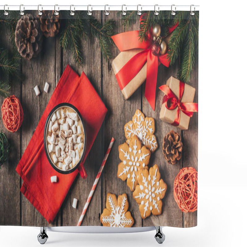 Personality  Top View Of Gingerbread, Christmas Gifts And Cup Of Cocoa With Marshmallows On Wooden Background With Fir Tree Shower Curtains