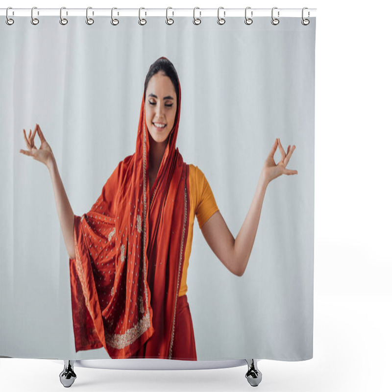 Personality  Smiling Indian Girl Meditating Isolated On Grey Shower Curtains