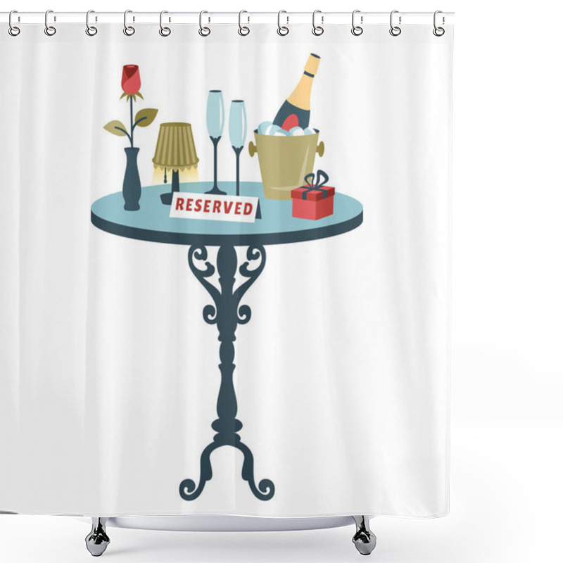 Personality  Table For Two With Wineglasses, Rose, Champagne, Lamp, Gift. Romantic Dinner. Festive Table Setting. Restaurant Reservation. Vintage Luxury Furniture. Vector Flat Illustration Shower Curtains