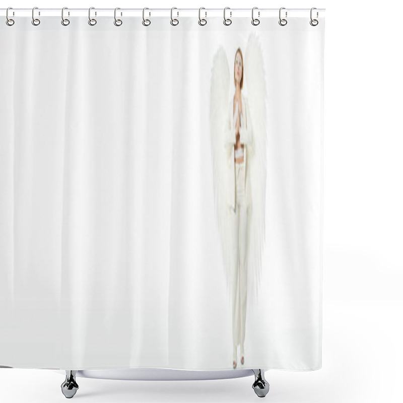 Personality  Mysterious Woman In Halloween Costume Of Divine Angel With Wings Praying On White Backdrop, Banner Shower Curtains