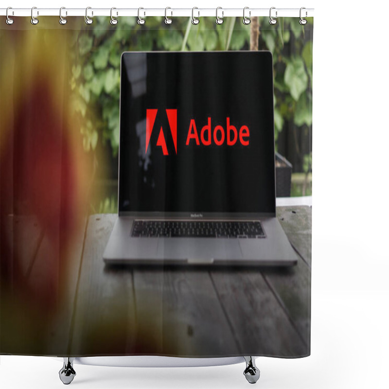 Personality  WROCLAW, POLAND - SEPTEMBER 14, 2023:Adobe Logo, American Computer Software Company (Adobe Photoshop, Adobe Illustrator, Adobe Acrobat, Adobe Creative Suite, PDF), Displayed On A MacBook Pro Screen Shower Curtains