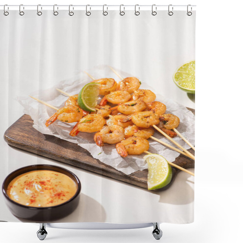 Personality  Prawns On Skewers With Lime And Sauce On Parchment Paper On Wooden Board On White Background Shower Curtains