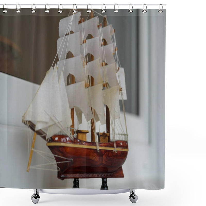 Personality  Small Model Of A Sea Vessel With Sails. On White Background. Shower Curtains