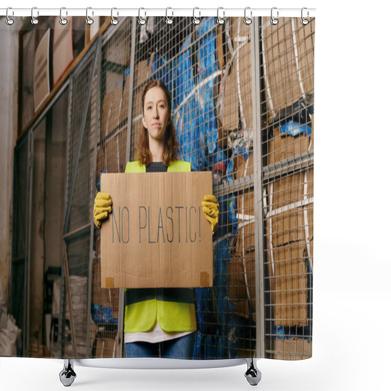 Personality  Young Volunteer In Gloves And Safety Vest Holds A Sign Saying No Plastic While Sorting Waste. Shower Curtains