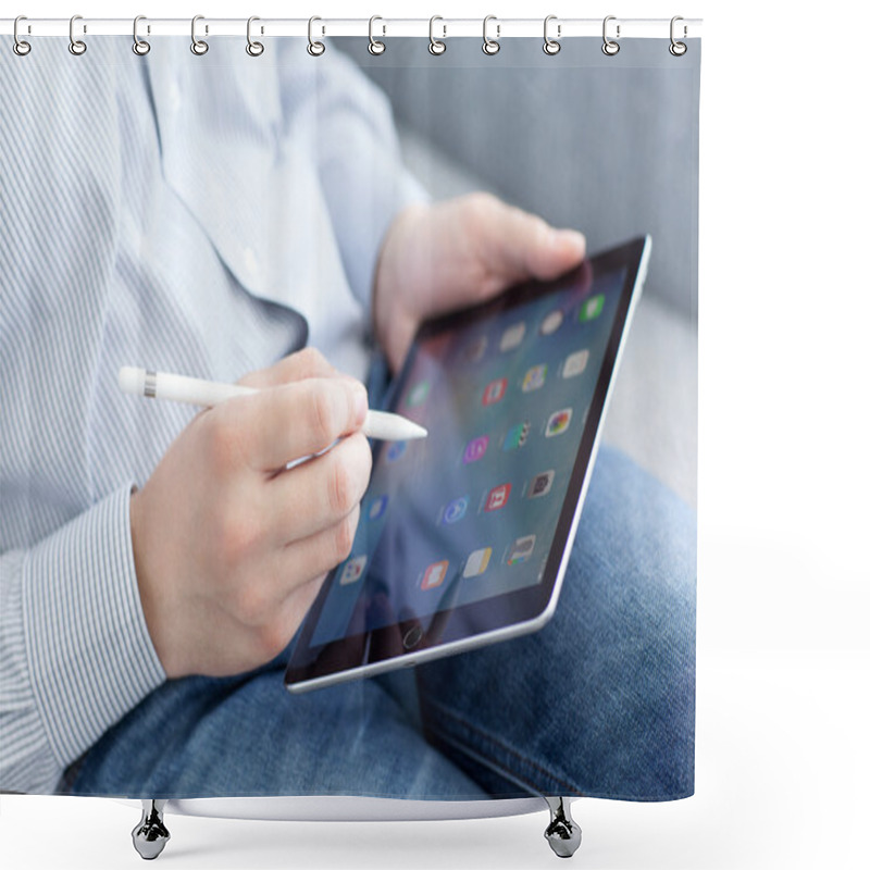 Personality  Man With Apple Pencil Holding In The Hand IPad Pro Shower Curtains