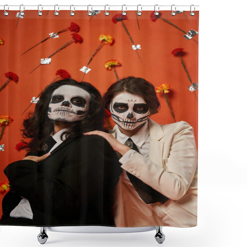 Personality  Spooky Couple In Dia De Los Muertos Makeup And Festive Attire On Red Backdrop With Flowers Shower Curtains