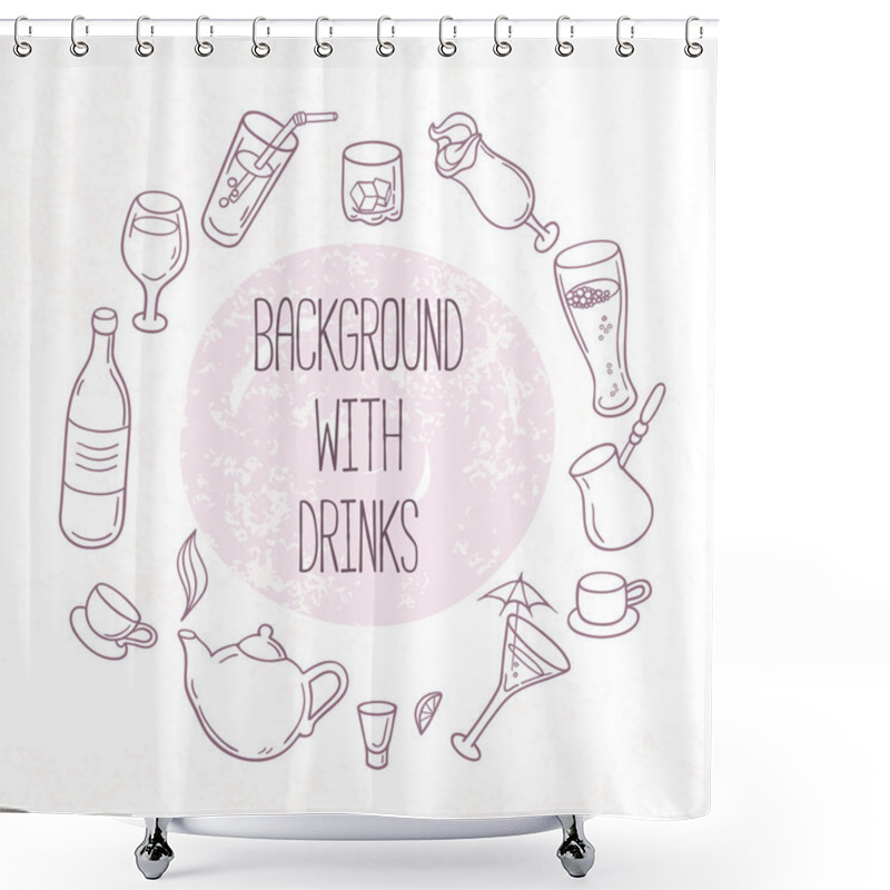 Personality  Set Of Outline Drinks In Vector. Backgrond With Beverages For Design Shower Curtains