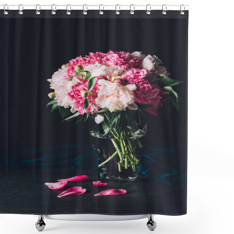 Personality  Beautiful Bouquet Of Pink Peonies In Glass Vase On Dark Background Shower Curtains