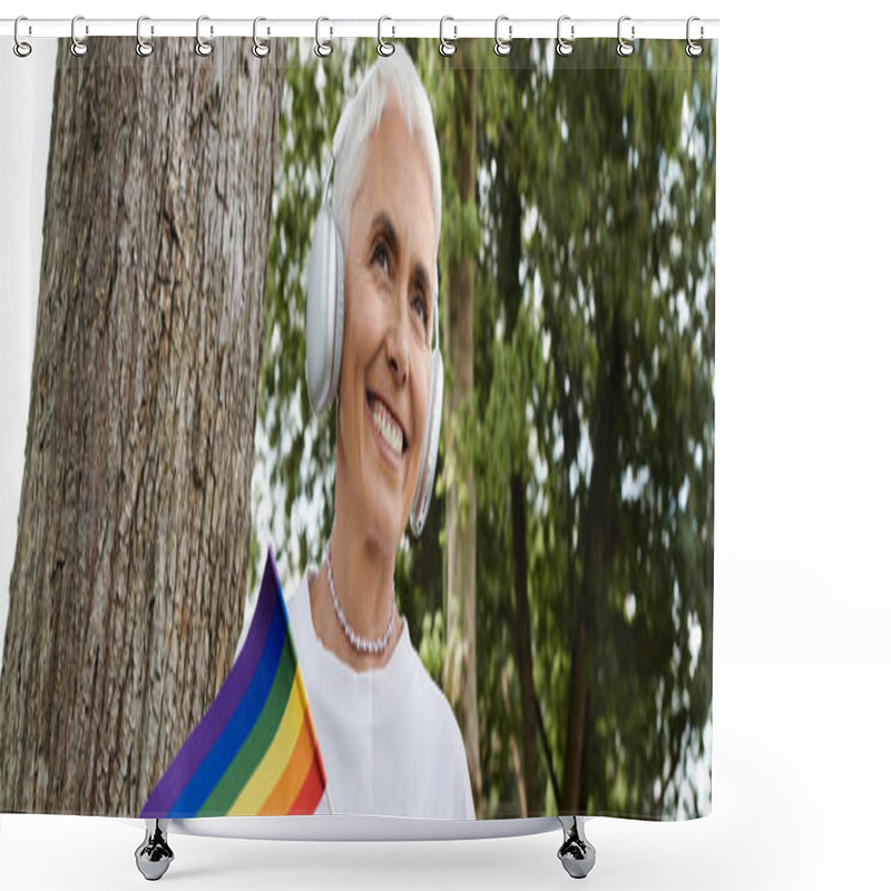 Personality  Joyful Woman Embraces Her Identity With A Rainbow Flag And Headphones Outdoors. Shower Curtains