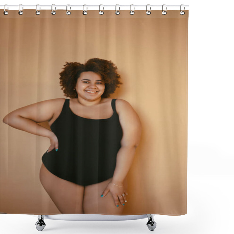 Personality  Beautiful Curvy Oversize African Black Woman Afro Hair Posing In Black Bodysuit On Beige Brown Background Isolated, Body Imperfection, Body Acceptance, Body Positive And Diversity Concept. Copyspace. Shower Curtains