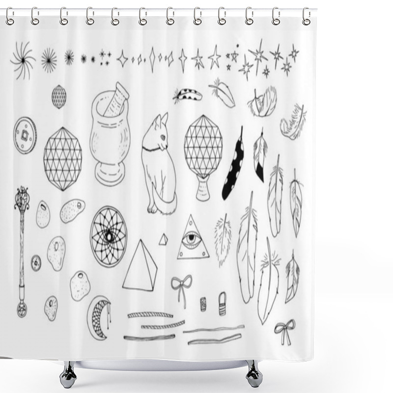 Personality  Hand Drawn Doodle Set Of Black Line Art In Boho Style. Collection Of Stars, Feathers And Stones. Isolated On White Background. Vector Illustration. Shower Curtains